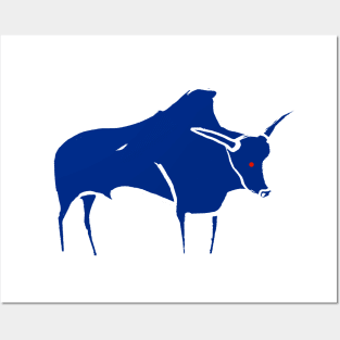 Cave line art of Aurochs in blue ink Posters and Art